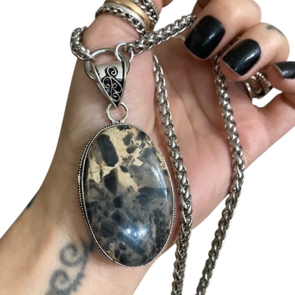 925 Sterling silver overlay marble jasper charm gemstone boho necklace